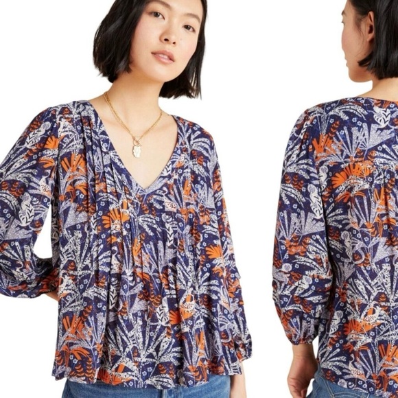 Anthropologie Blouse V-Neck‎ Long Sleeve Floral Print Top Bohemian Size S - Picture 1 of 13